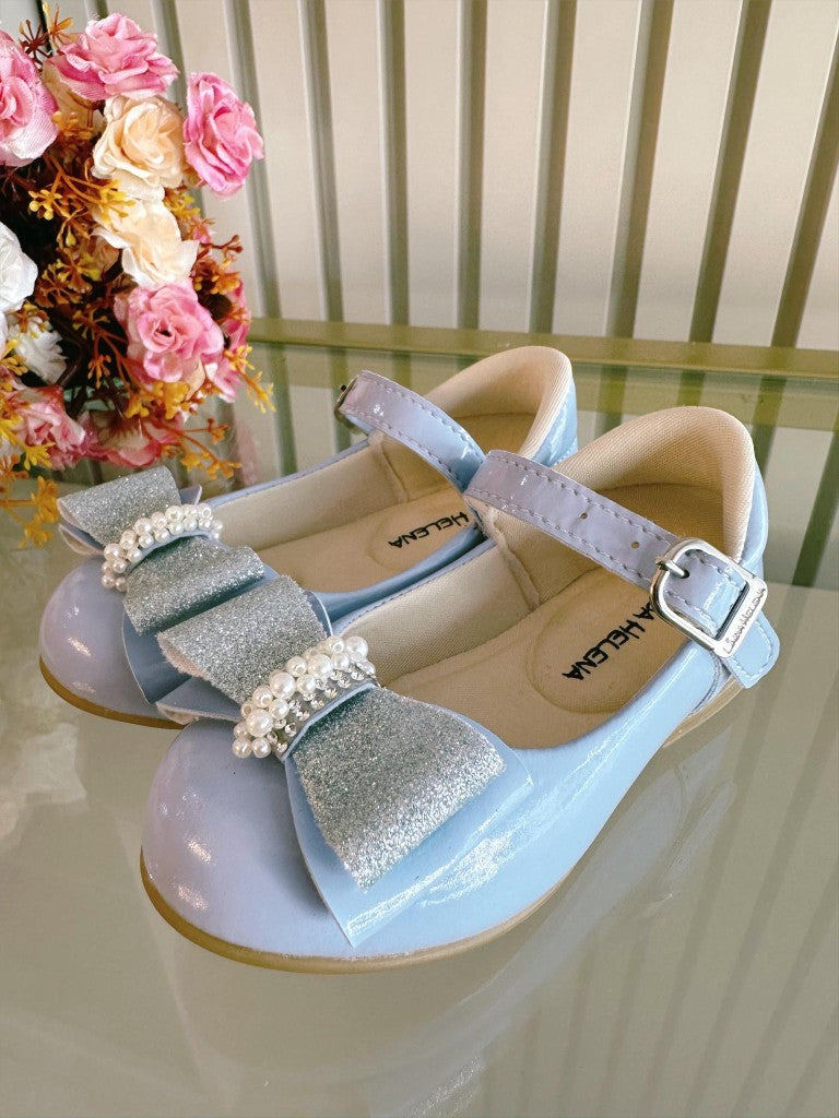 Sapatinho Bebê Verniz Azul com Aplique de Lacinho e Strass Glitter