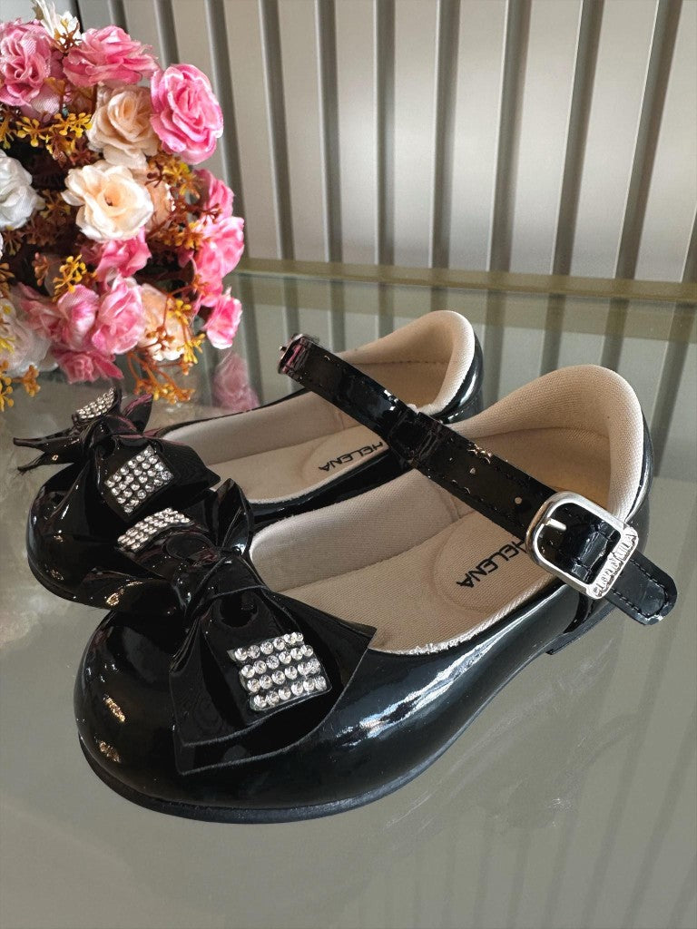 Sapatinho Verniz Preto com Aplique de Lacinho e Strass para Bebê