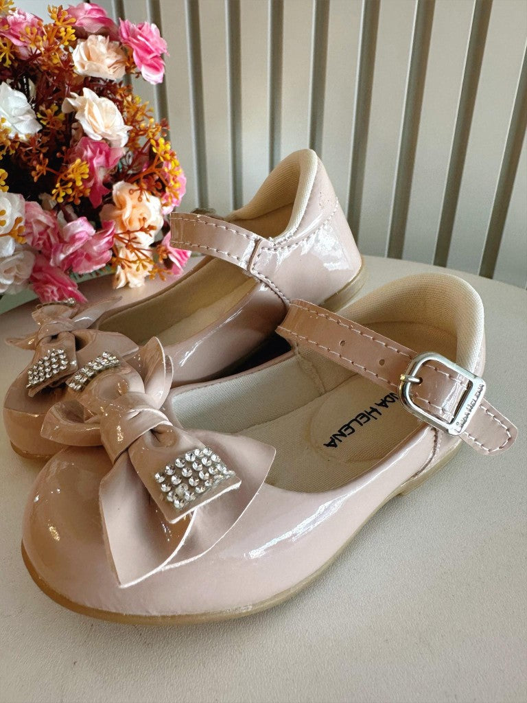 Sapatinho Verniz Nude com Aplique de Lacinho e Strass