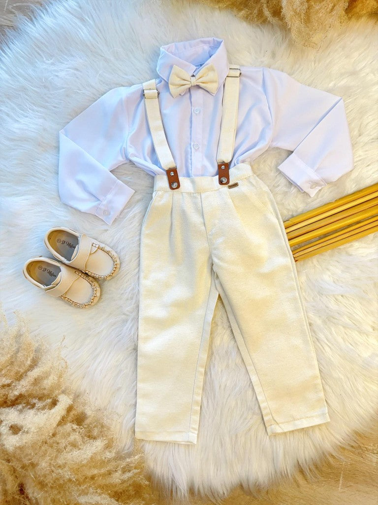 Conjunto Social Marfim com Camisa, Calça, Gravata e Suspensório