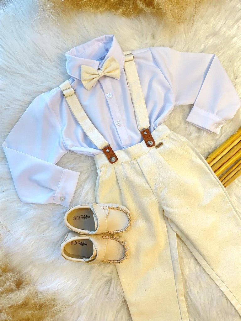 Conjunto Social Marfim com Camisa, Calça, Gravata e Suspensório