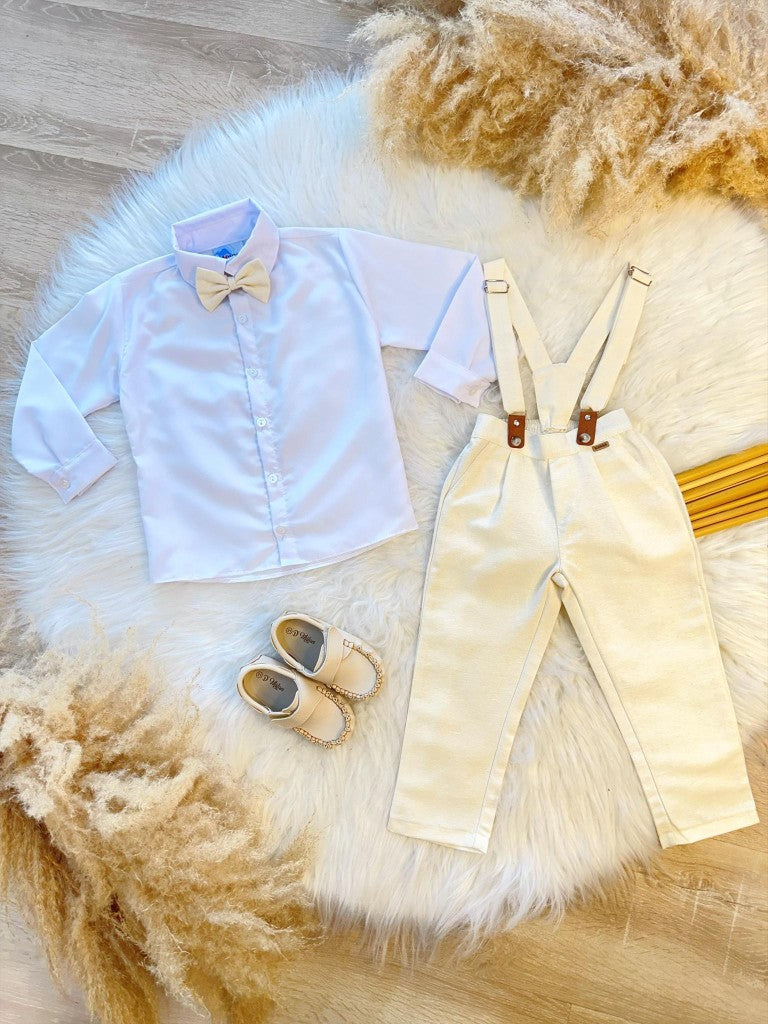 Conjunto Social Marfim com Camisa, Calça, Gravata e Suspensório