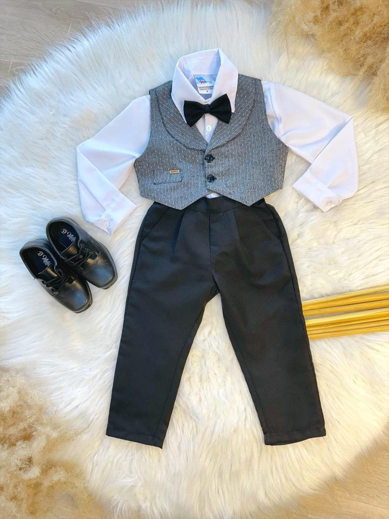 Conjunto Social Preto e Cinza com Camisa, Calça e Gravata para Festas