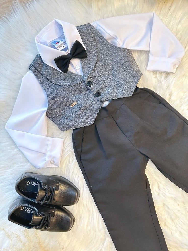 Conjunto Social Preto e Cinza com Camisa, Calça e Gravata para Festas