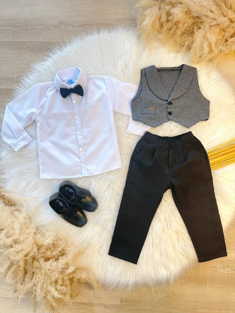 Conjunto Social Preto e Cinza com Camisa, Calça e Gravata para Festas