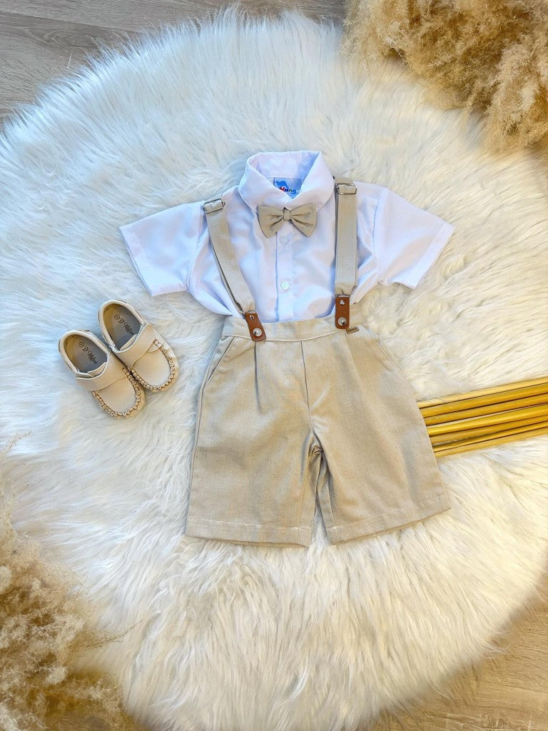 Conjunto Social Camisa Short Gravata e Susp. Bege