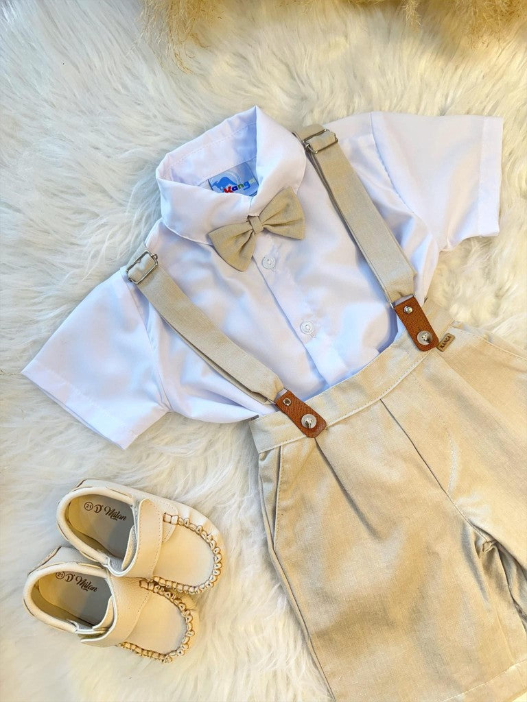 Conjunto Social Camisa Short Gravata e Susp. Bege