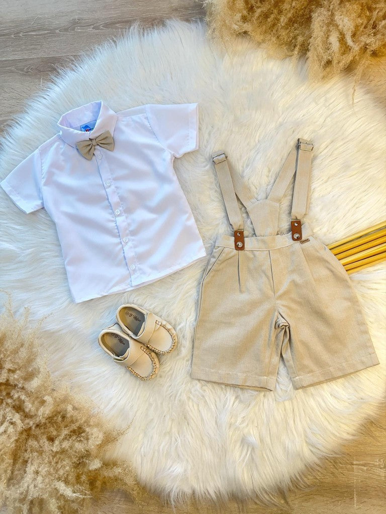 Conjunto Social Camisa Short Gravata e Susp. Bege