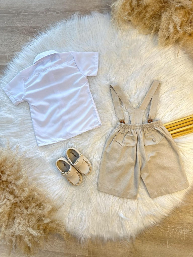 Conjunto Social Camisa Short Gravata e Susp. Bege