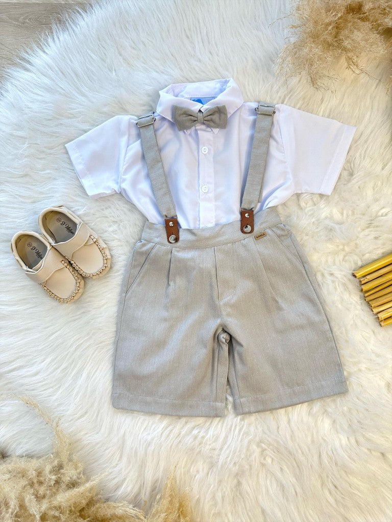 Conjunto Social Cinza com Camisa Short, Gravata e Suspensório em Algodão