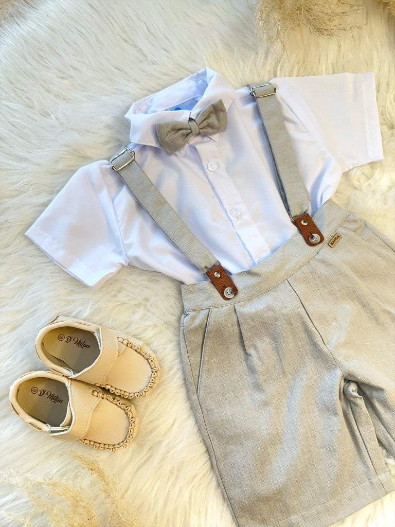 Conjunto Social Cinza com Camisa Short, Gravata e Suspensório em Algodão