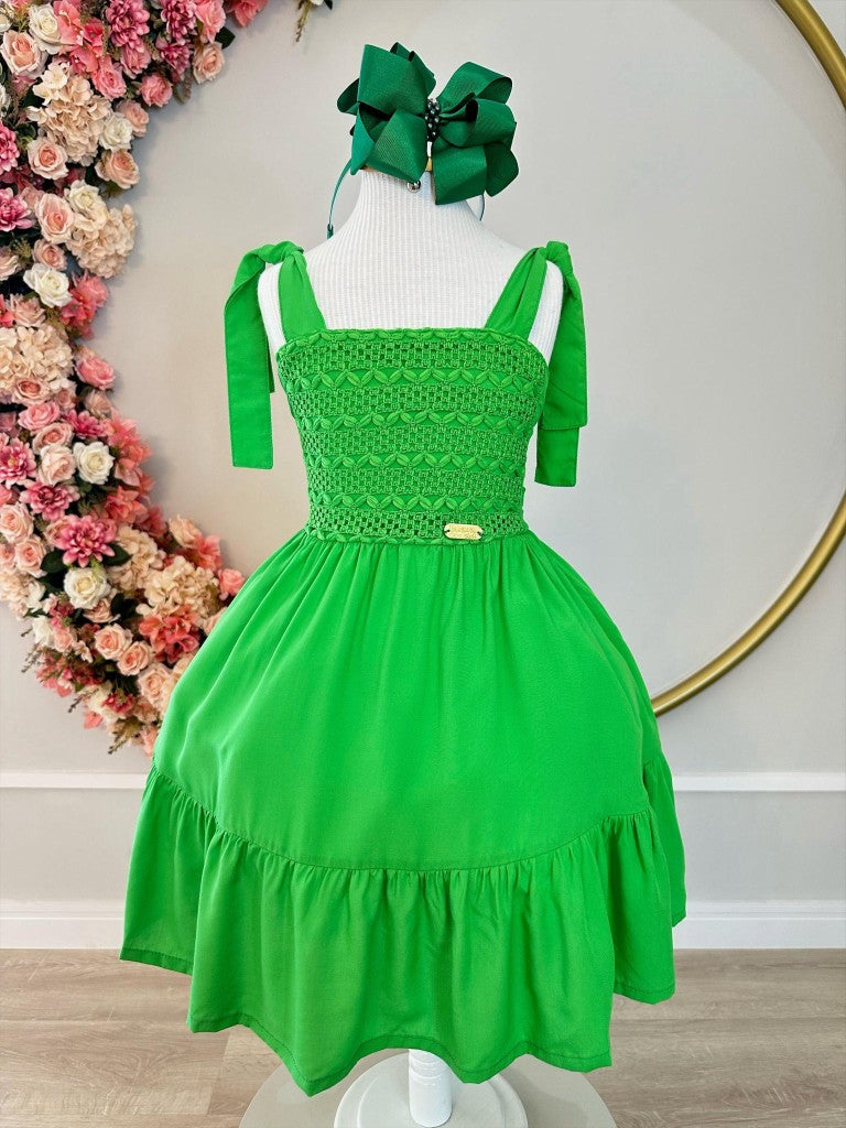 Vestido Infantil Verde Bandeira Casual com Alças Ajustáveis em Malha Fria