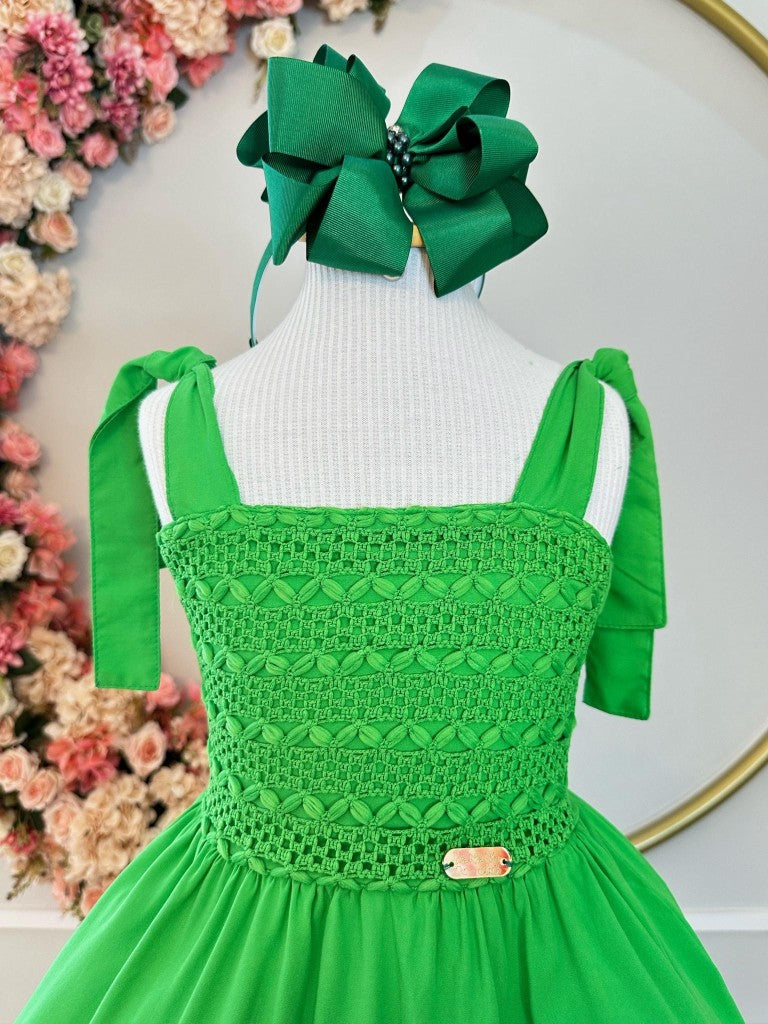 Vestido Infantil Verde Bandeira Casual com Alças Ajustáveis em Malha Fria