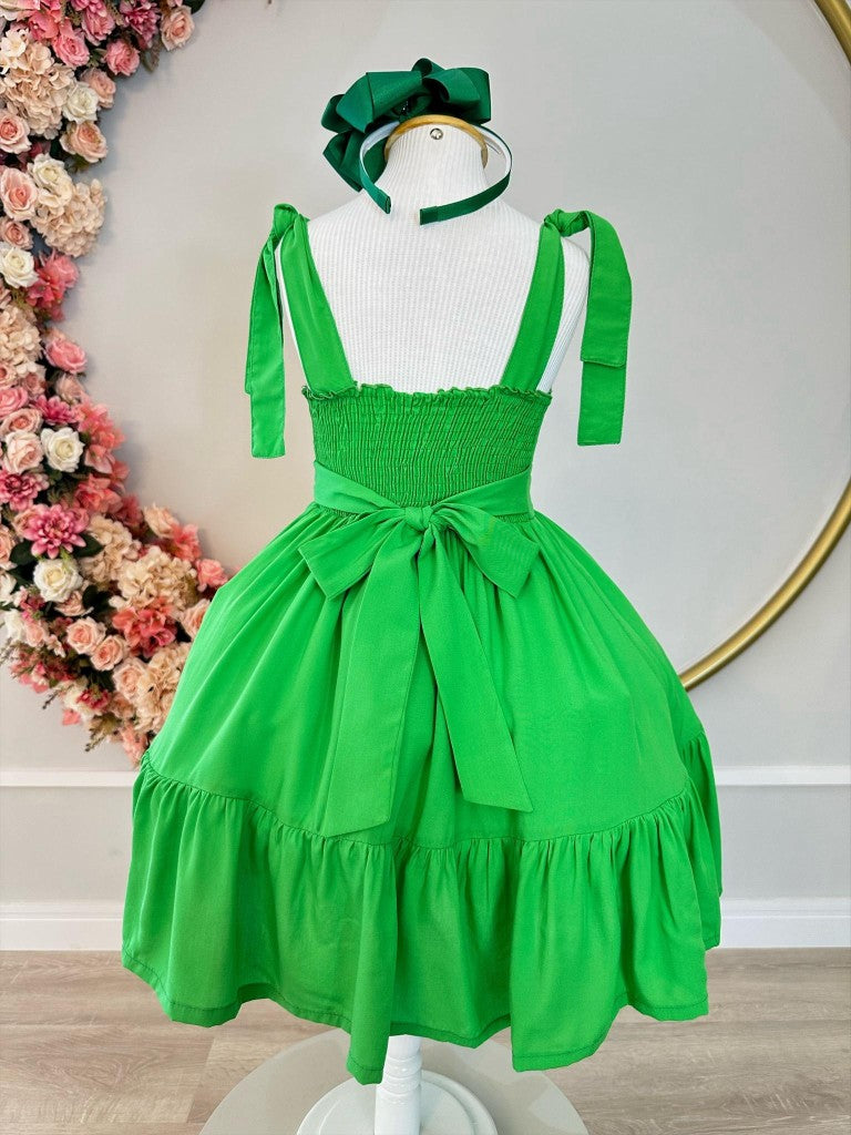 Vestido Infantil Verde Bandeira Casual com Alças Ajustáveis em Malha Fria