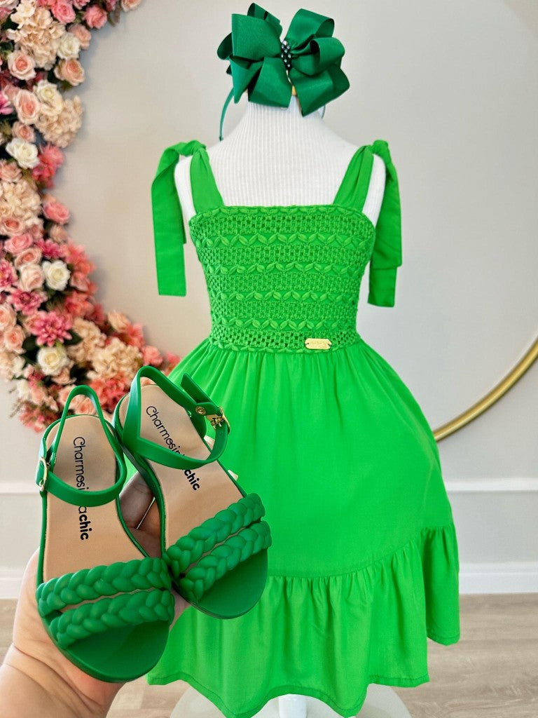 Vestido Infantil Verde Bandeira Casual com Alças Ajustáveis em Malha Fria