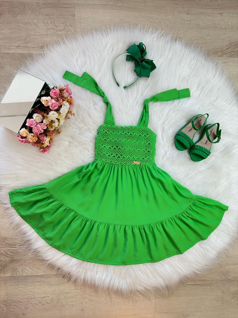 Vestido Infantil Verde Bandeira Casual com Alças Ajustáveis em Malha Fria