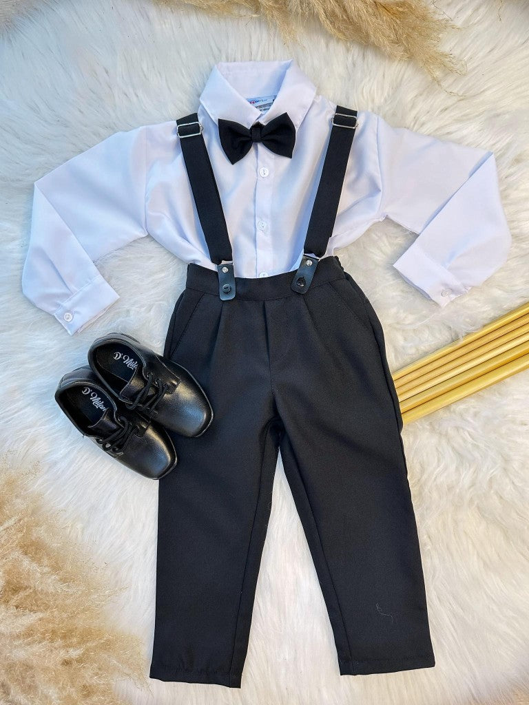 Conjunto Preto Social com Camisa, Calça e Gravata em Algodão e Poliamida