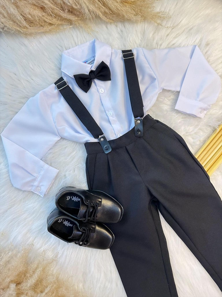 Conjunto Preto Social com Camisa, Calça e Gravata em Algodão e Poliamida