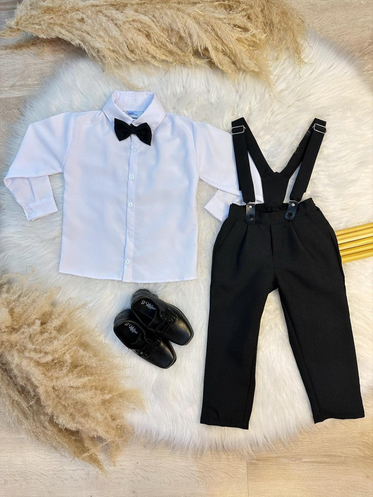 Conjunto Preto Social com Camisa, Calça e Gravata em Algodão e Poliamida