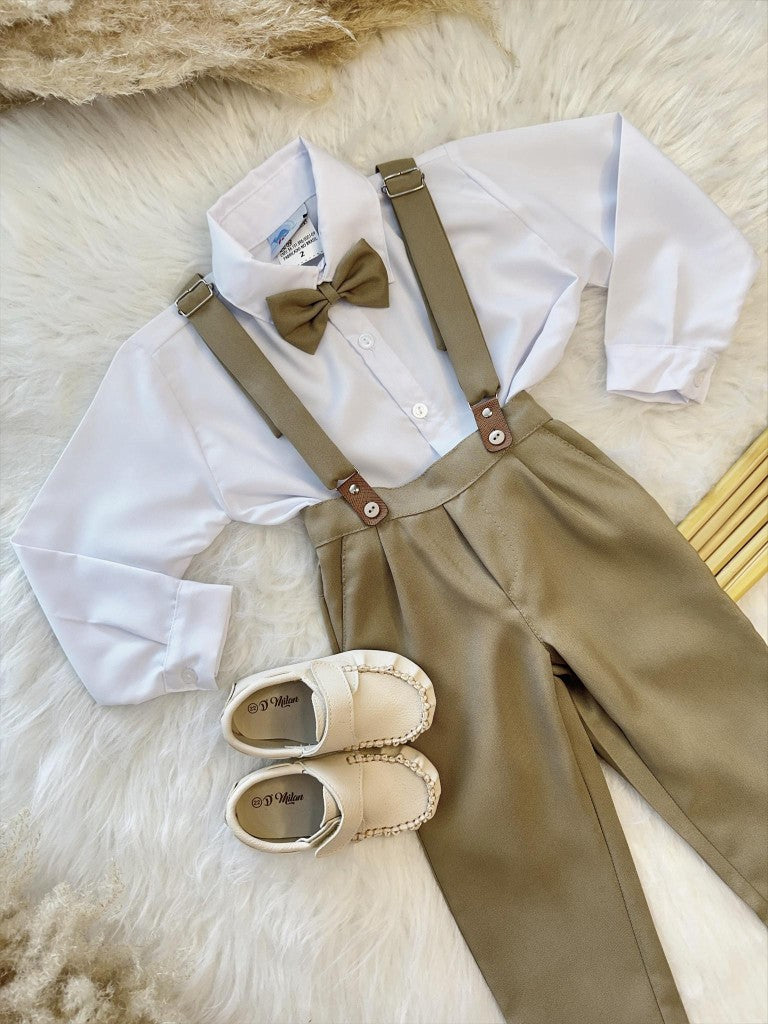 Conjunto Cáqui Social com Camisa, Calça e Gravata para Festas