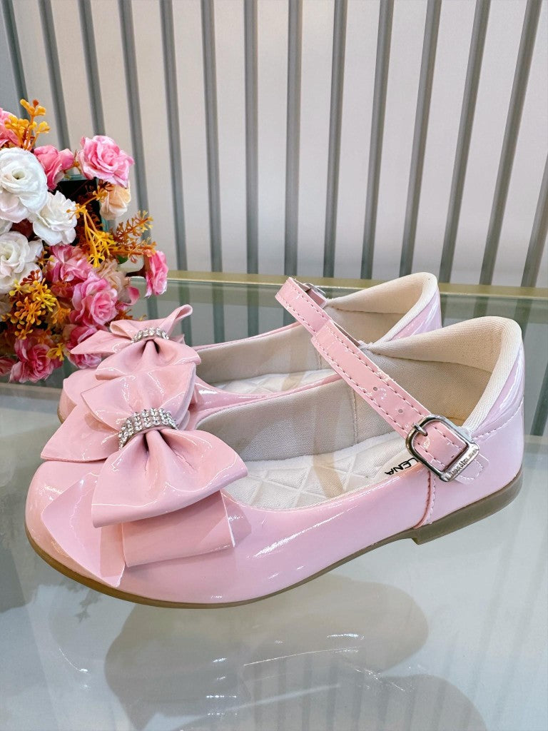Sapatinho Infantil Rosa Verniz Com Laço e Strass Para Festas