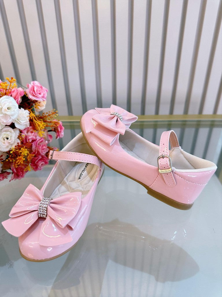 Sapatinho Infantil Rosa Verniz Com Laço e Strass Para Festas