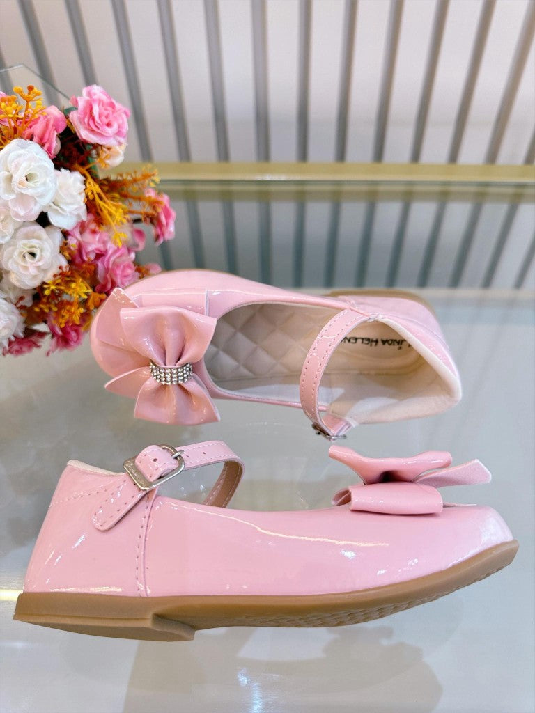 Sapatinho Infantil Rosa Verniz Com Laço e Strass Para Festas