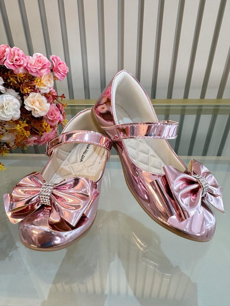 Sapatinho Infantil Rosa Metalizado Com Lacinho e Strass
