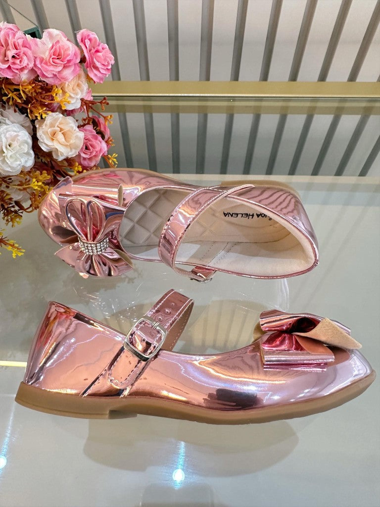 Sapatinho Infantil Rosa Metalizado Com Lacinho e Strass