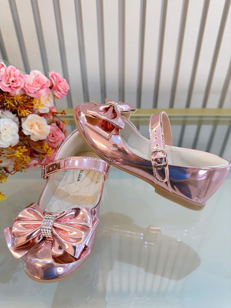 Sapatinho Infantil Rosa Metalizado Com Lacinho e Strass