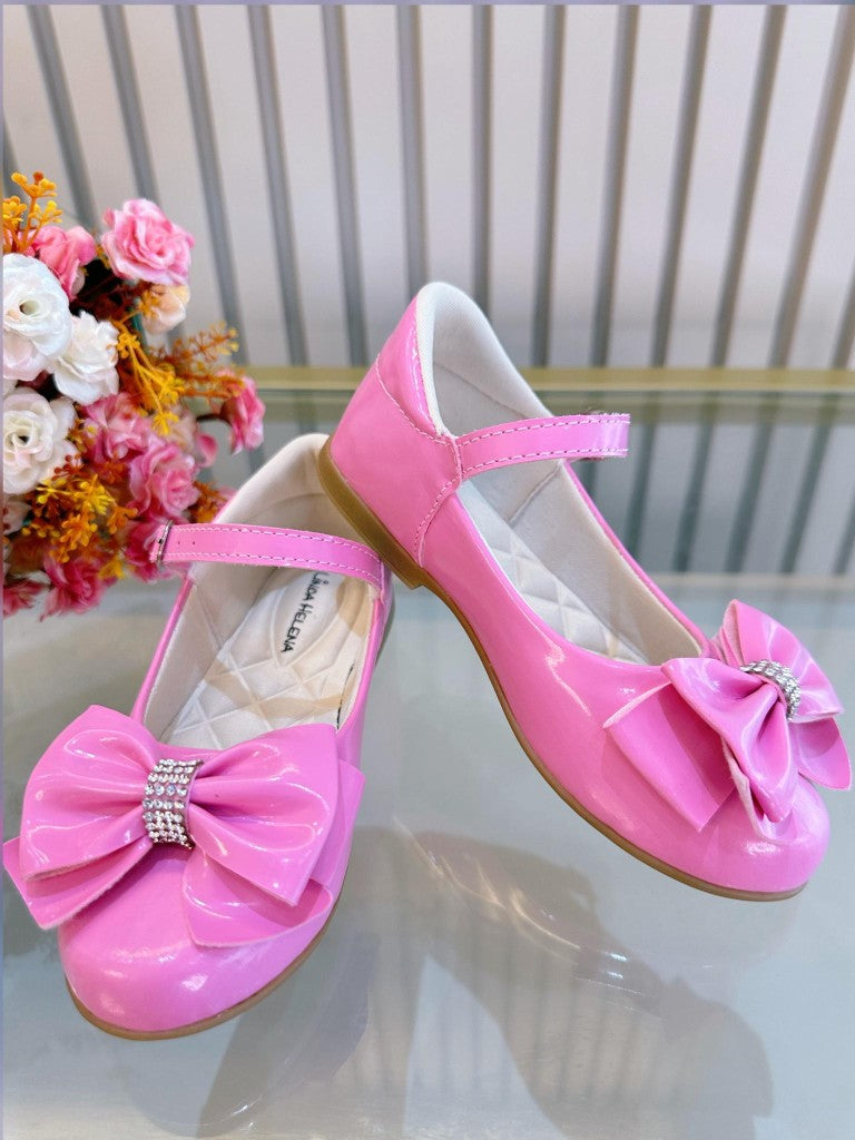 Sapatinho Infantil Verniz Rosa Chiclete com Laço e Strass