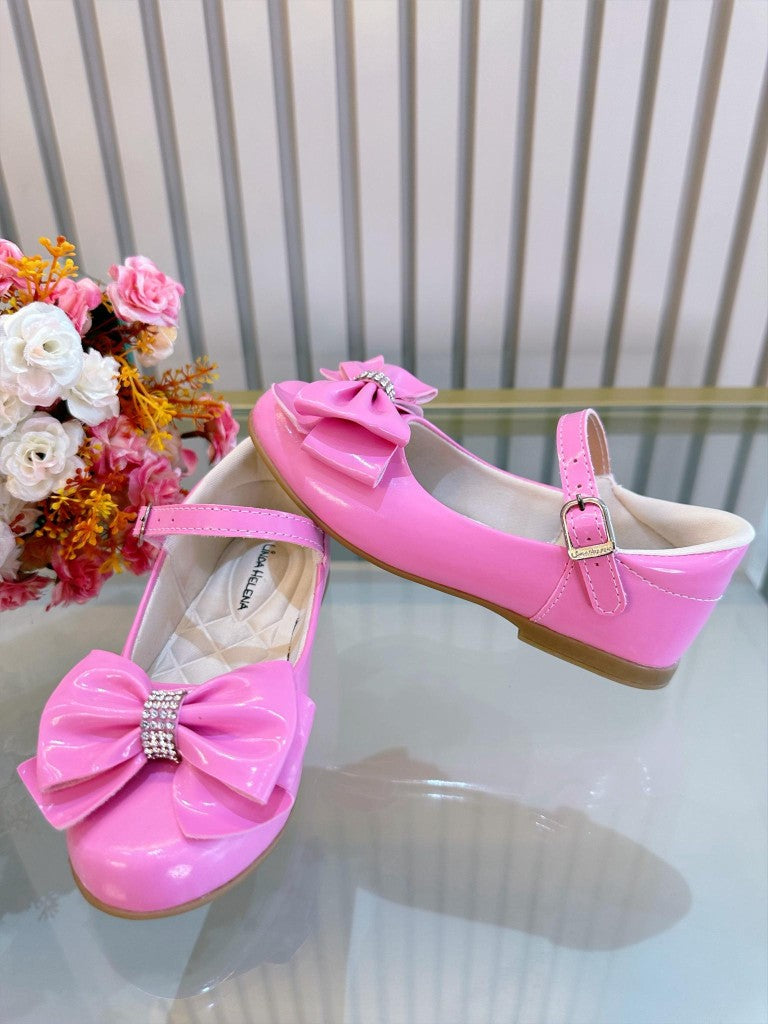 Sapatinho Infantil Verniz Rosa Chiclete com Laço e Strass