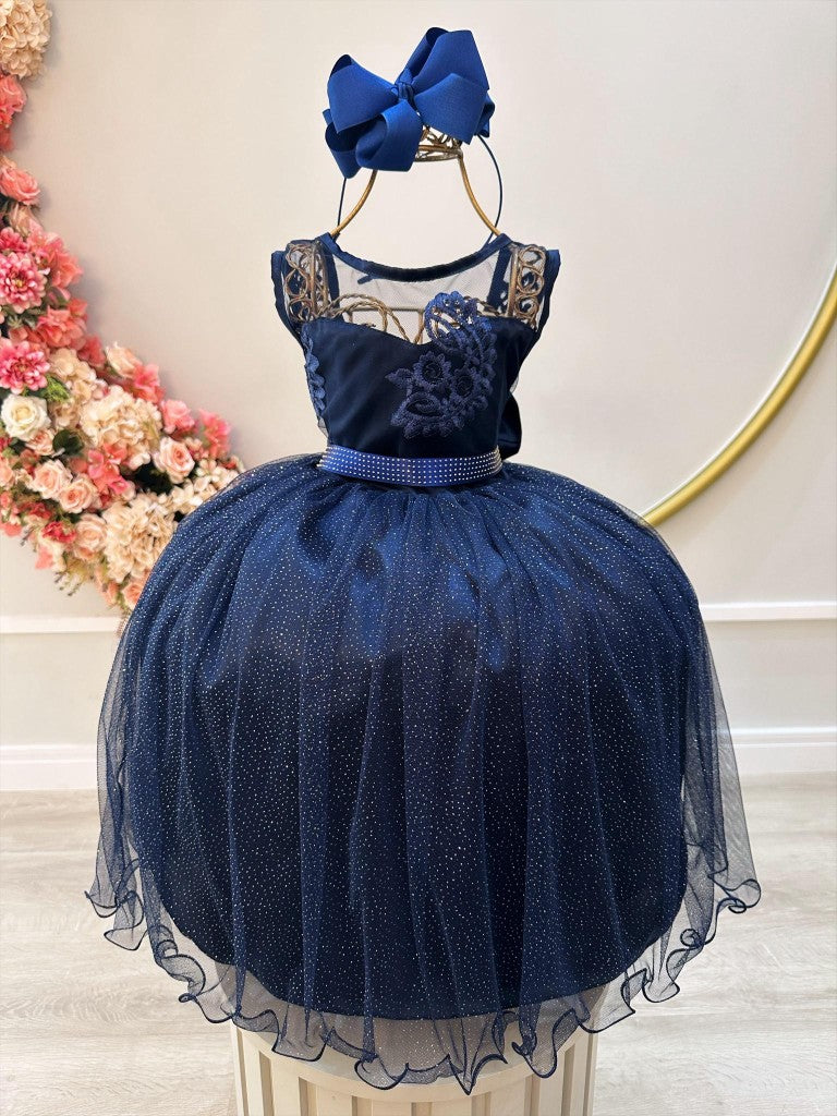 Vestido Infantil Azul Marinho Com Renda e Tule Glitter