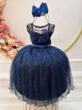 Vestido Infantil Azul Marinho Com Renda e Tule Glitter