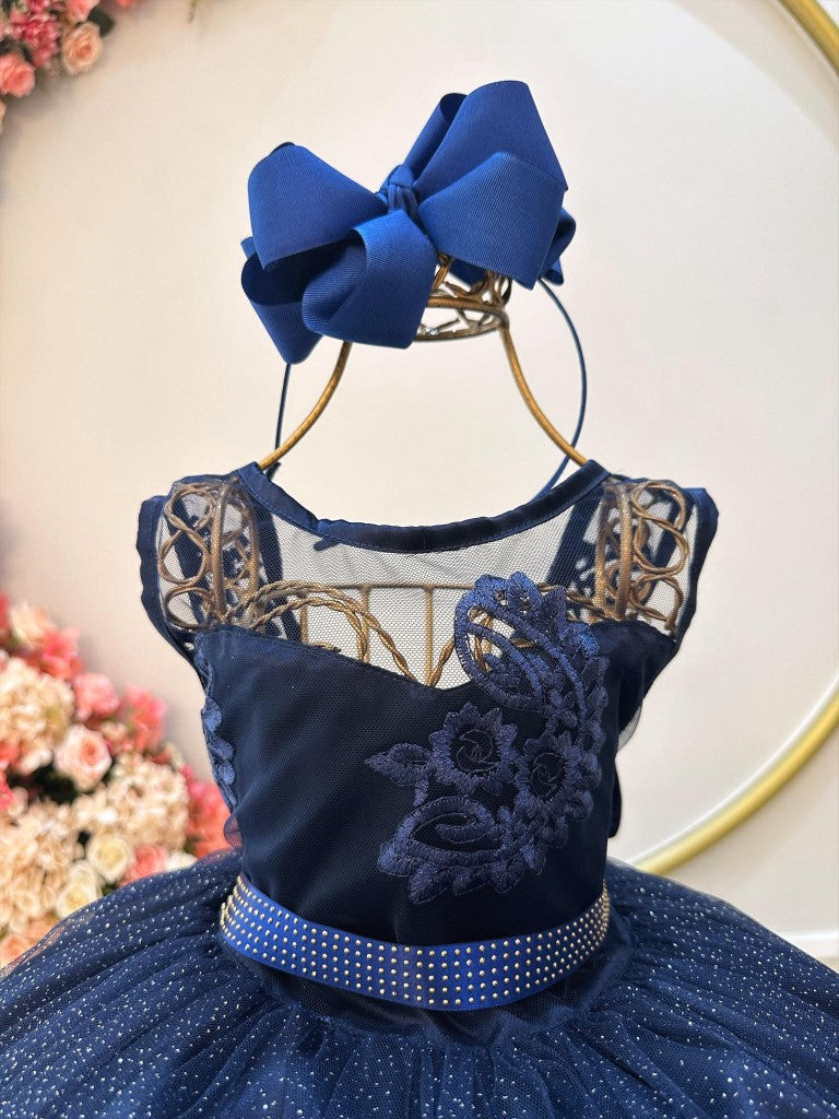 Vestido Infantil Azul Marinho Com Renda e Tule Glitter