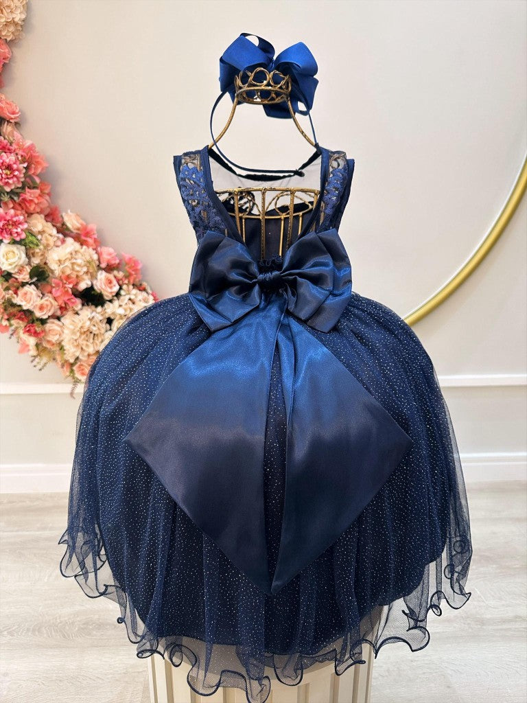 Vestido Infantil Azul Marinho Com Renda e Tule Glitter