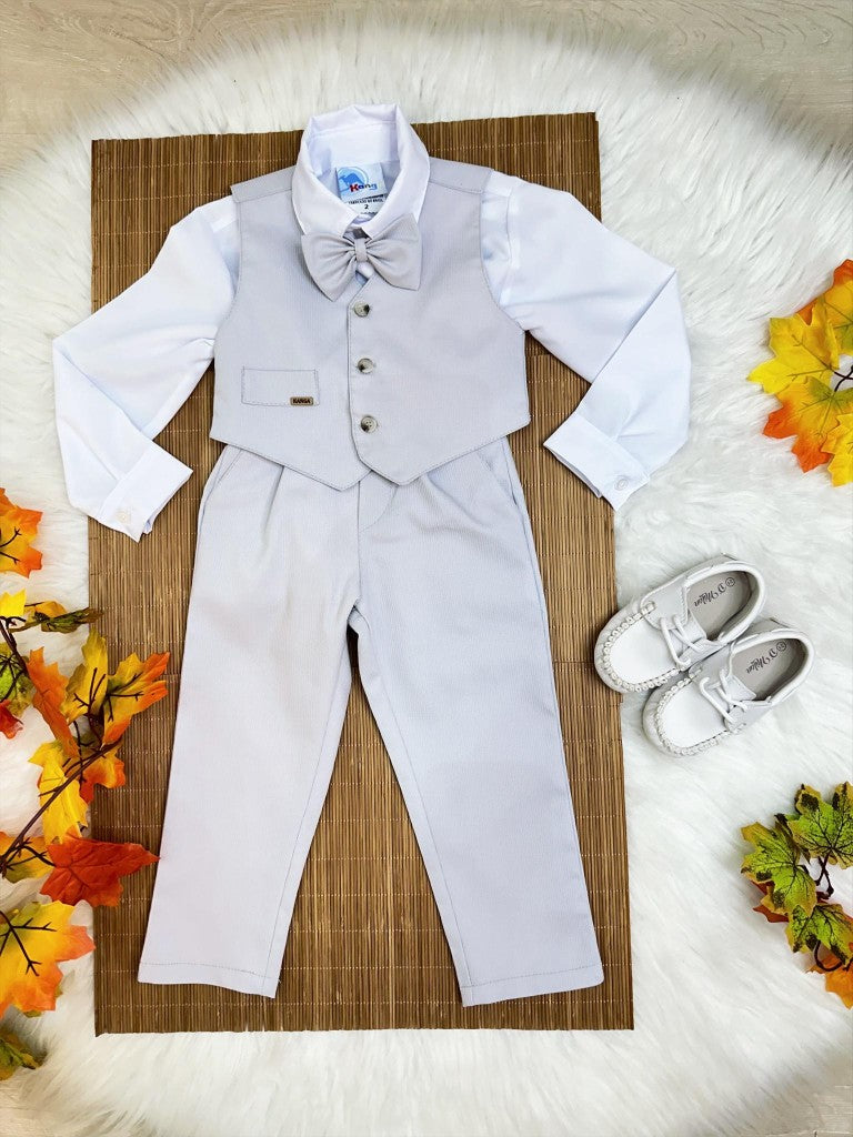 Conjunto Social Infantil Menino em Algodão e Poliéster com Colete Cinza e Camisa Branca