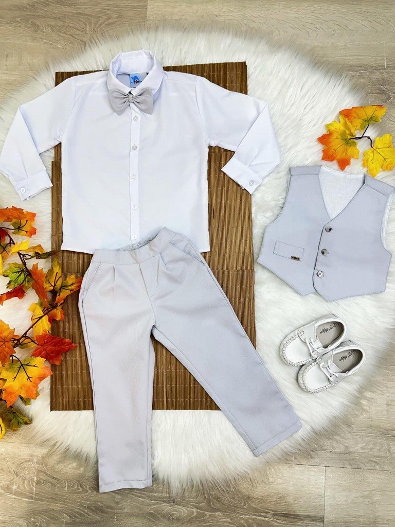 Conjunto Social Infantil Menino em Algodão e Poliéster com Colete Cinza e Camisa Branca