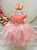 Vestido Infantil Salmão Saia C/ Glitter e Apliques de Flores