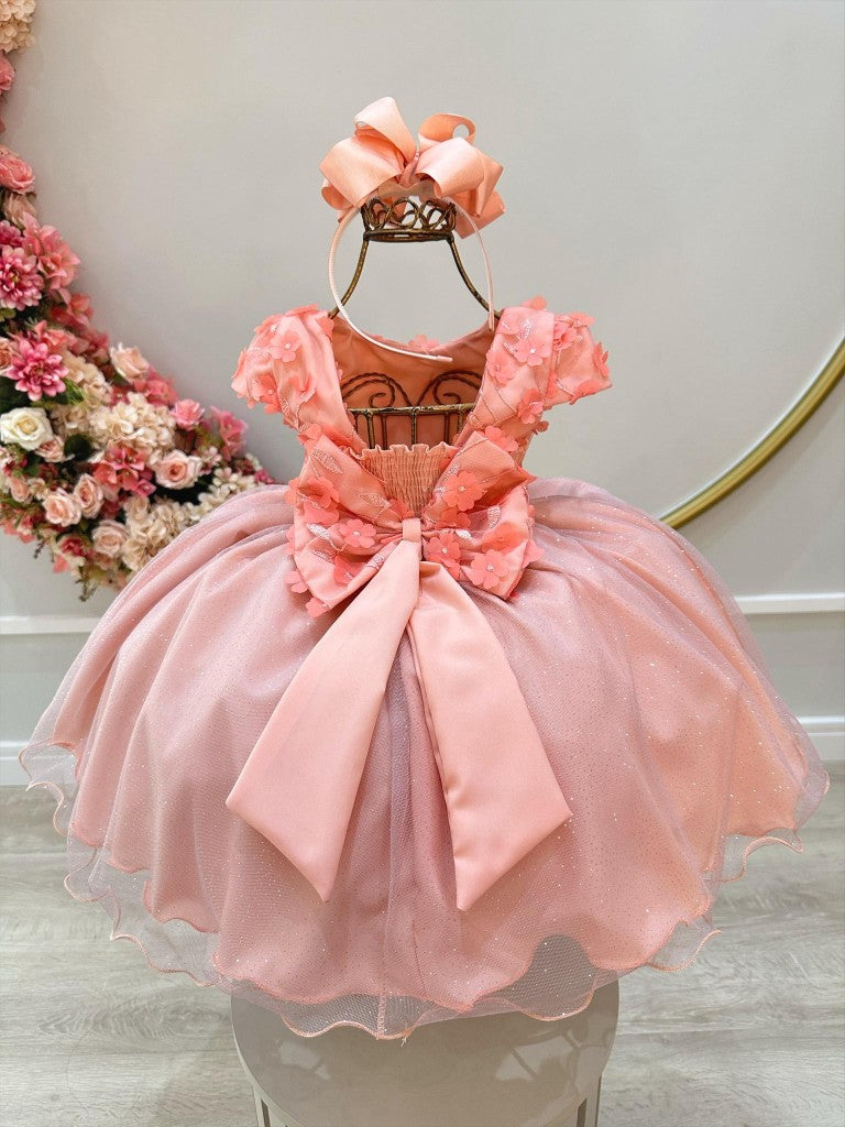 Vestido Infantil Salmão Saia C/ Glitter e Apliques de Flores