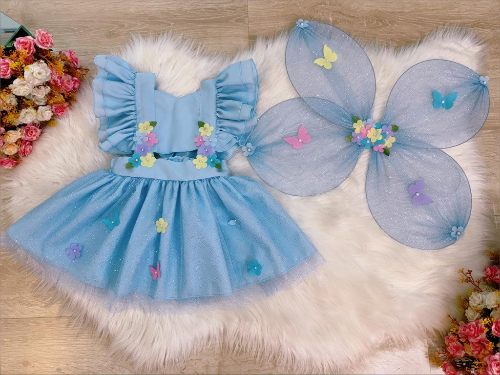 Romper Azul Com Asa de Borboleta Para Bebê Luxo