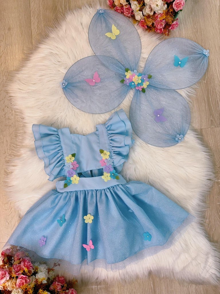 Romper Azul Com Asa de Borboleta Para Bebê Luxo