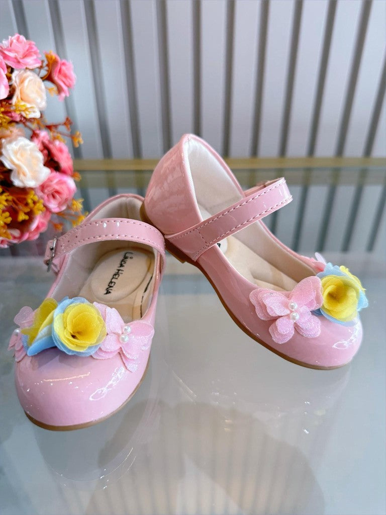 Sapatinho Infantil Rosa Verniz com Aplique de Borboleta e Flor