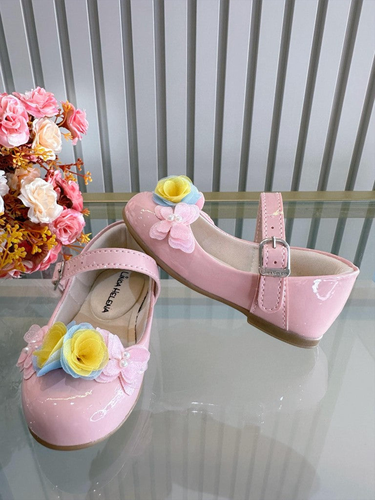 Sapatinho Infantil Rosa Verniz com Aplique de Borboletas e Flores
