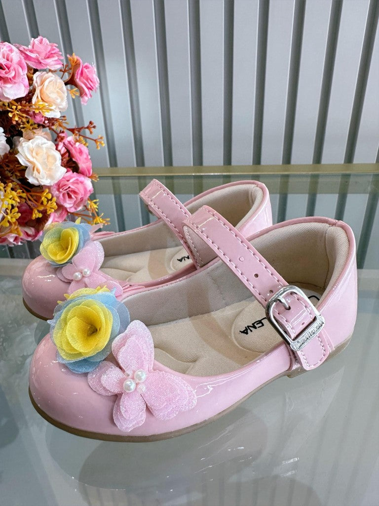 Sapatinho Infantil Rosa Verniz com Aplique de Borboletas e Flores
