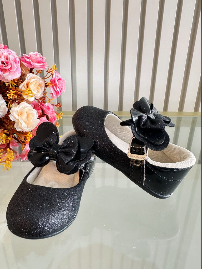 Sapatinho Bebê Preto Verniz com Glitter e Lacinho para Festas