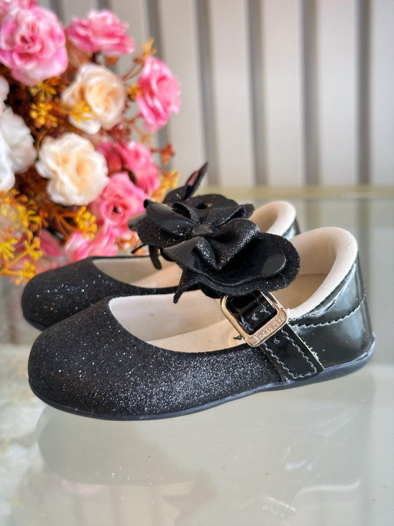 Sapatinho Bebê Preto Verniz com Glitter e Lacinho para Festas