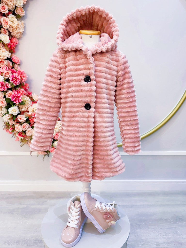 Casaco Infantil Pelúcia Canelado Forrado Rose C/ Capuz Botões