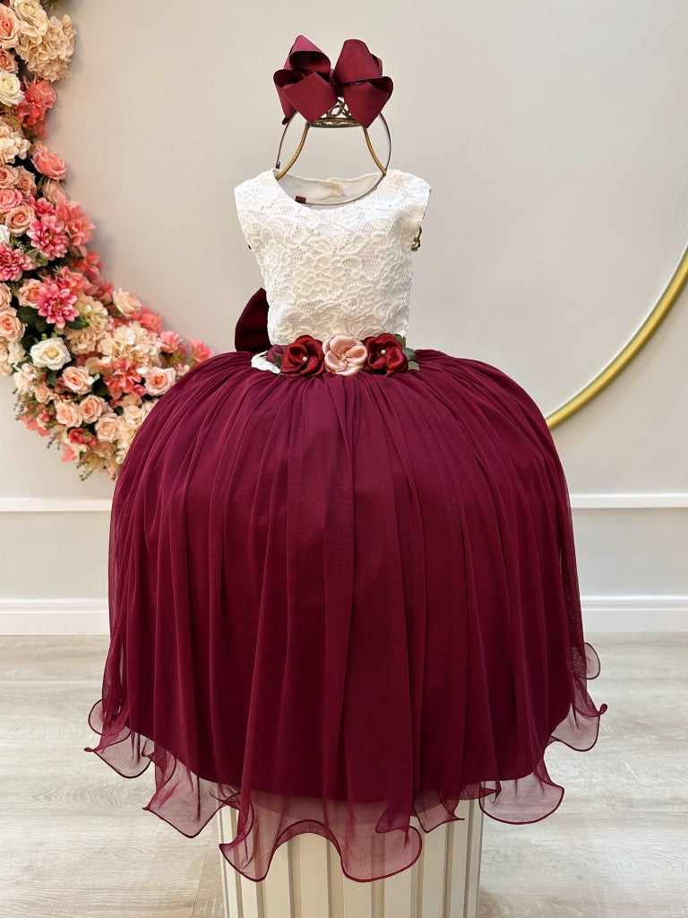 Vestido Infantil Off White com Saia Marsala e Detalhes em Renda