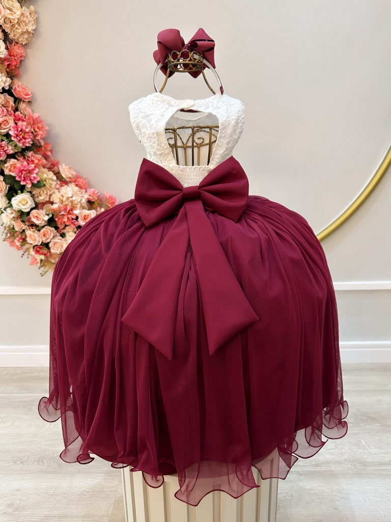 Vestido Infantil Off White com Saia Marsala e Detalhes em Renda
